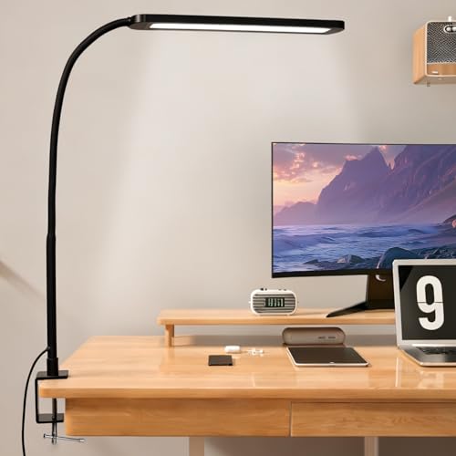 BrightArk LED Dimmable Desk Lamp with USB Adapter, Eye-Caring Reading Light with 3 Color Modes, 10 Brightness, Flexible Gooseneck Book Ring Light for Home, Office, Study