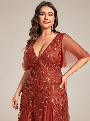 Image of Ever-Pretty Women's Sequin V Neck Plus Size Formal Dresses Evening Gown | Short Sleeve, A-Line, Empire Waist, Plus Size Mother of the Bride Dresses, Plus Size Gala Dress
