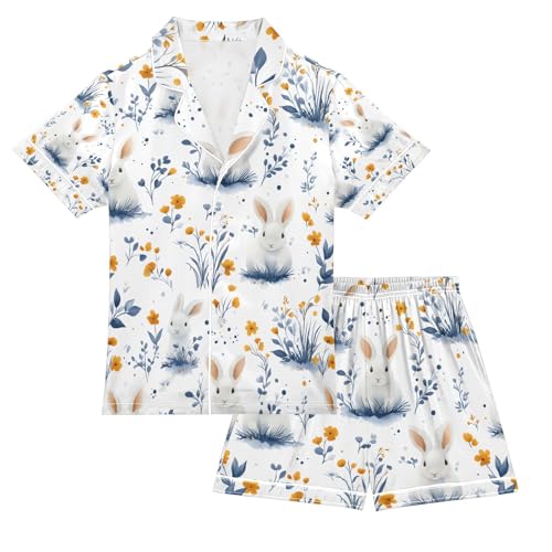 senya Rabbit Blue Grass O Satin Summer Pajama Sets Silk Short Sleeve Button Down Sleepwear