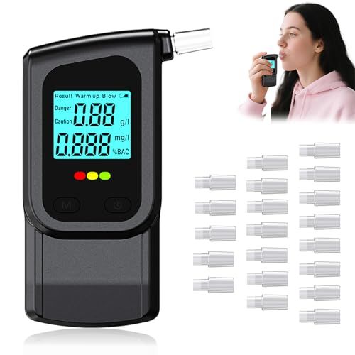 RUTIDA Breathalyzer Alcohol Tester with 20 Mouthpieces, Professional Breathalysers Portable Alcohol Breath Tester with Dual Sensor and Digital Blue LCD Display