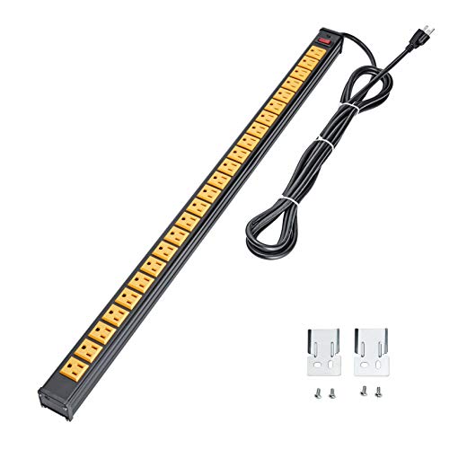 BTU Rack Mount Power Outlet Surge Protector Power Strip 24 Outlet Heavy Duty Multi Plug Outlet Aluminum Socket with Smart Circuit Breaker and 15 Ft Long Cord (Yellow)