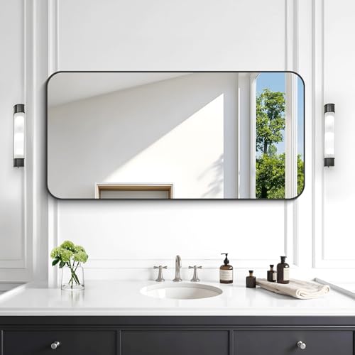 Image of KOCUUY Black Mirror 20 inch x 40 inch, Metal Frame Vanity Mirror for Wall, Rectangle Bathroom Mirror with Rounded Corner, Upgraded Shatterproof Glass for Bathroom, Bedroom, Hang Horizontal or Vertical