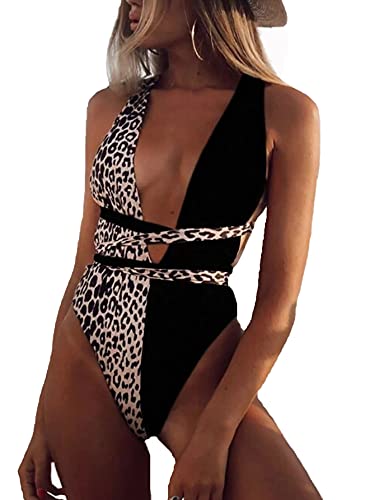 Image of Lilosy Sexy Tie Criss Cross Plunge One Piece Thong Swimsuit High Cut Brazilian Bathing Suit
