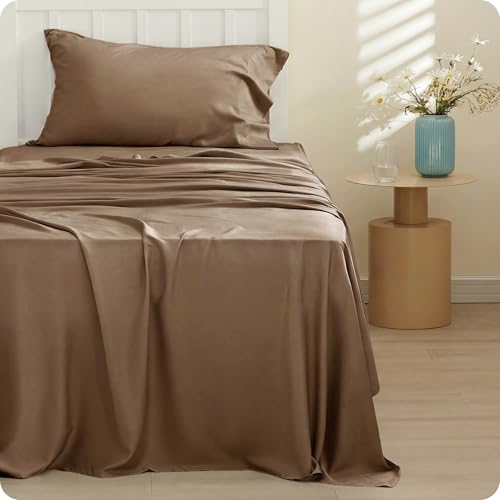 Image of Bedsure Cooling Sheets Twin, Rayon Derived from Bamboo, PureWoven, Breathable & Soft Twin Sheets Set, Deep Pocket Up to 16 Inches, Hotel Luxury Silky Bedding for Hot Sleepers, Coffee