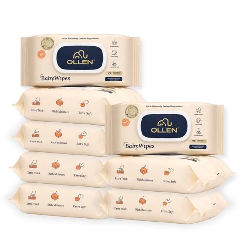 Image of OLLEN Pure water Unscented Baby Wipes with lid- Safe, 100% Plant Made Fabric, Cotton Cloth Like Super thick, Dermatologically Tested- Natural Wet Wipes with Aloe vera & Chamomile (Pack of 8)