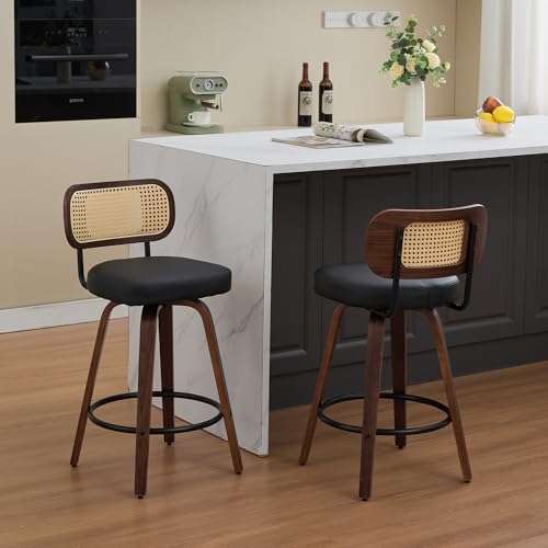 Image of YaFiti Swivel Bar Stools Set of 3, 26 inch Rattan Counter Height Bar Stools, Swivel Counter Stools with Cane Back & Upholstered Seat for Island /Kitchen /Counter /Bar (Dark Black)