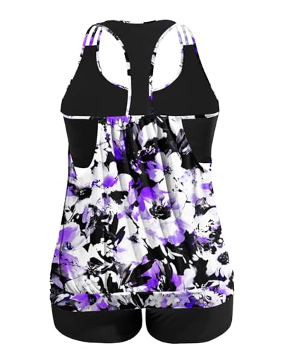 Image of Womens Plus Size Tankini Swimsuit Two Piece Tummy Control Bathing Suit | Blouson Racerback Tankini Top with Shorts, Double Up Design, Removable Pad