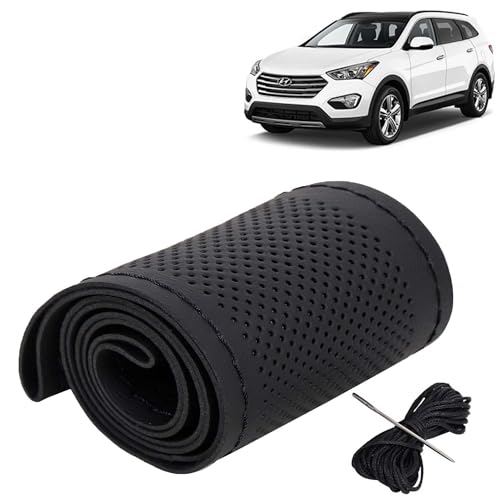 Image of KINGSWAY PU Leatherite Car Steering Cover Sewable Compatible with Hyundai Santa Fe (Year 2017 Onwards), Black Color with Black Thread, Pack of 1 with Sewing Needle and Thread