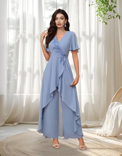Chiffon Mother of The Bride Jumpsuit for Wedding Guest Short Sleeves Formal Women Pant Suits KW0032