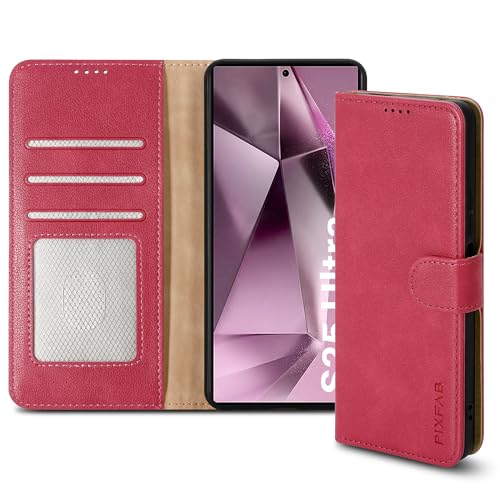 Image of PIXFAB Case for Samsung Galaxy S25 Ultra, Leather Wallet Phone Case, Magnetic Book Flip Folio Cover [RFID Protection & Card Slots] and [Kickstand] - Pink