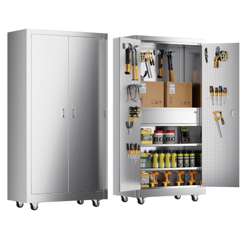 Image of 74 inch Full-assembled Stainless Steel Storage Cabinet with Pegboard and Drawer