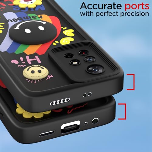 Image of Pikkme Back Cover for Redmi Note 11T 5G / Poco M4 Pro 5G | Soft Silicone| Cute Rainbow Smile & 3D Cartoon Flower Design | Shockproof Raised Camera Protection Bumper Case (Black)