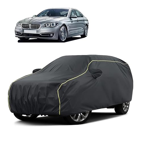 Image of Sulfar 100% Water Resistant Car Body Cover Compatible with Mirror for BMW 525i (Triple Stitched, Full Bottom Elastic, Dark Grey Taffeta with Yellow Piping)