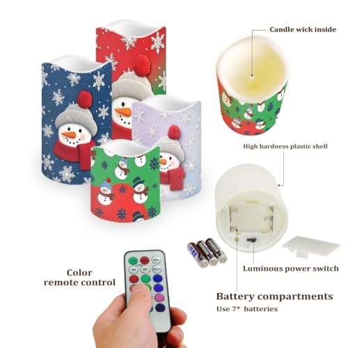 Image of Snowman Christmas Color Changing Electric Candles | Xmas Flameless Candle Set with Remote Control, Battery Operated Fake Candles for Kitchen Room Home Decor, 4 Pack