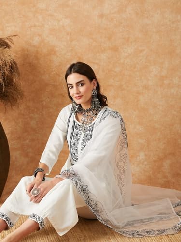 Image of SheWill Women's Floral Yoke Embroidered Thread Work Straight Kurta with Trouser & Dupatta| Kurta Set for Women| Kurta Set for Women with Dupatta| Kurti Set for Women| Kurta Plazo Set with Dupatta