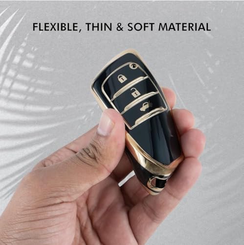 Image of TPU Car Key Cover Black & Golden Compatible for Toyota Fortuner, Legender, Innova Crysta, HyCross, Land Cruiser, Hilux (Toyota, 3 Button Push Smart Key)