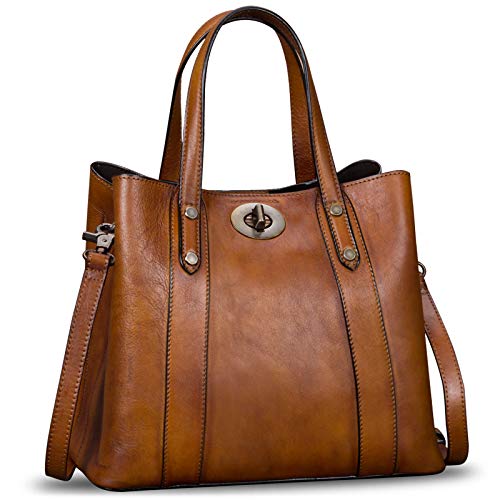Genuine Leather Handbags For Women Satchel Purses Vintage Handmade Shoulder Bag Cowhide Top Handle Handbag Totes (Brown) #TOP25