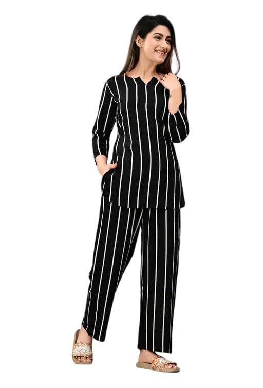 Women's Striped Patterned Round Neck 3/4th Sleeves Top and Pajama Set-image-41