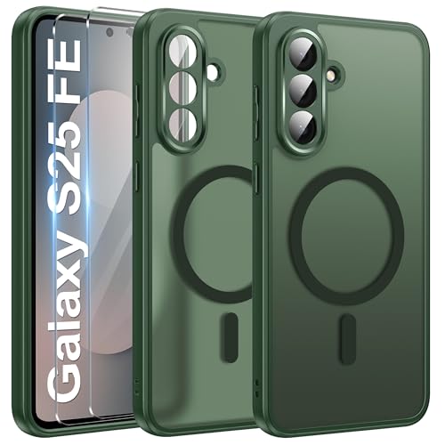 Opkiegrn Funda para Samsung Galaxy S25 FE Magnética Compatible con Magsafe con 2 Protector de Pantalla Carcasa, Protectora Antigolpes para Samsung S25 FE TPU Funda Mate   Verde Oscuro