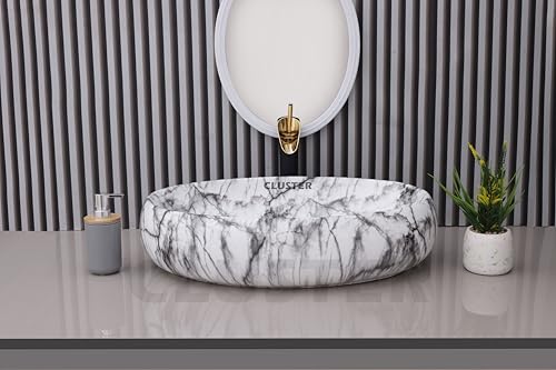 Image of CLUSTER Designer Glossy Ceramic Table Top Wash Basin For Bathroom | Countertop Bathroom Sink For Livingroom, Resturant Decor, Oval Shape (24 x 16 x 6 inch)