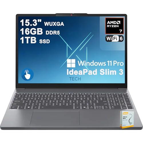 Lenovo IdeaPad Slim 3 Business Laptop | 15.3" WUXGA IPS Anti-Glare Touchscreen | AMD 8-core Ryzen 7 170 | 16GB DDR5 1TB SSD | Type-C Privacy Camera Long-Lasting Battery Win11Pro w/DLCA Accessor