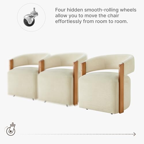 Image of KISLOT Upholstered Dining Chairs Set of 4, Modern Rolling Dining Chairs with Hidden Casters, Wooden Arm Kitchen Chairs with Linen Look Fabric, Padded Barrel Chairs for Dining Room, Kitchen, Sand