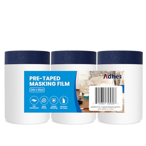 ADHES Pre-Taped Masking Film Plastic Dust Sheeting Roll Painters Plastic with Self Adhesive Tape, 600mm x 27m x 3 Rolls Painters Tape for Automotive Painting Covering