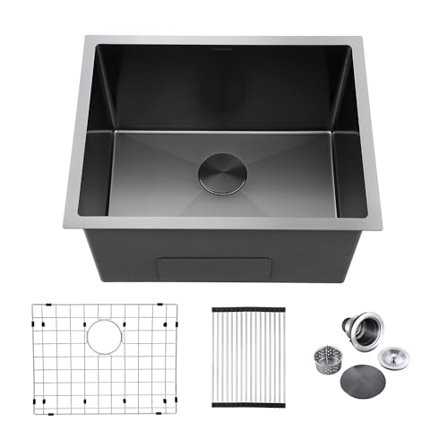 Image of 24-inch Black Undermount Laundry Utility Sink, Stainless Steel | 24x19x13 Extra Deep Single Bowl for Laundry, Garage and Outdoor Kitchen with Grid, Strainer and Drying Rack, Nano PVD Finish