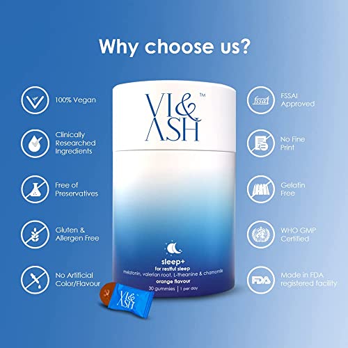 Vi & Ash Sleeping Gummies For Restful Sleep | Melatonin, Valerian Root, L-Theanine & Chamomile Orange Flavour Sleep Supplement For Improved Sleep Quality | 100% Vegan 30 Gummies (30 Day Pack) #TOP1