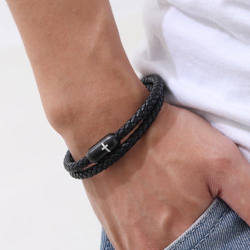Pulsera de cuero negra con cruz, 8 pulgadas miniatura 5