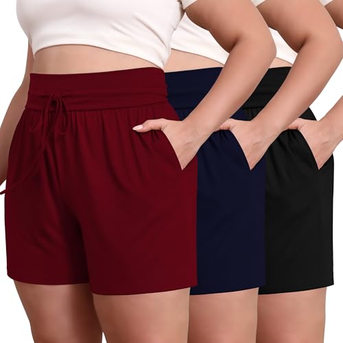 Neer 3 Pack Women's Plus Size Sweat Shorts, Cotton Drawstring Lounge Shorts Casual Summer Lightweight Soft Short with Pockets
