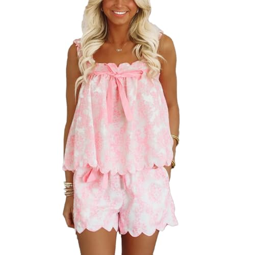 Image of ROAONOCOMO Women Summer Floral Pajama Set Ruffle Trim Cami Top Coquette Pj Set Gingham Babydoll 2 Piece Shorts Outfit
