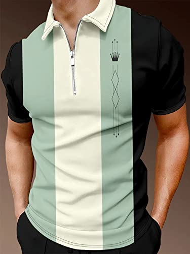 Men's Short Sleeve Polo Shirt Zipper Summer Slim Fit Classic Striped Geometric Color Block Print Golf Shirts Tops #TOP1