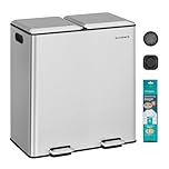 SONGMICS Kitchen Bin, 2 x 8 Gallon (2 x 30 L) Double Rubbish Bin for Waste and Recycling, with Soft-Close Lids, Removable Inner Buckets, Pedals, Stainless Steel, Metallic Silver LTB743E01
