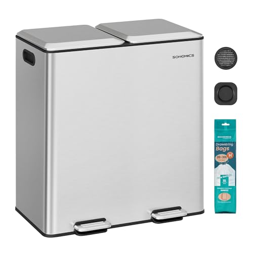 SONGMICS Cubo de Cocina, 2 x 30 L, Papelera Doble para Residuos y Reciclaje, con Tapas de Cierre Suave, Cubos Interiores Extraíbles, Pedales, Acero Inoxidable, Plata Metálico LTB743E01