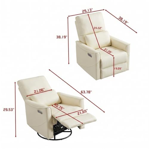 Image of Leather Power Swivel Rocking Recliner Chair, Electric Lazy Boy Reclining with Home Theater Seating, 360 Swivel Oversized Recliner Chair for Living Room, Bedroom, Reading, Beige