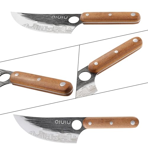 OLULU 3PCS Butcher Knives, Premium Stainless Steel Butcher Knife Set with Wooden Handle, 7" Butcher Knife, 7" Serbian Chef Knife and 6.5" Viking Knife, Gift Box (Unique Finger Hole and Pattern)