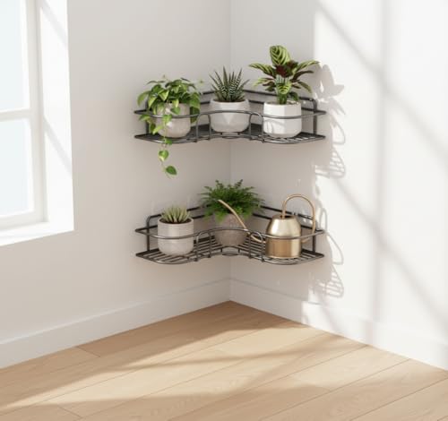 Image of Corner Wall Mounted Storage Rack (Pack of 2) | No Drill Self-Adhesive Bathroom Shelf Organizer | Multipurpose Metal Corner Stand for Kitchen & Bathroom | Black | 10 Inches Both