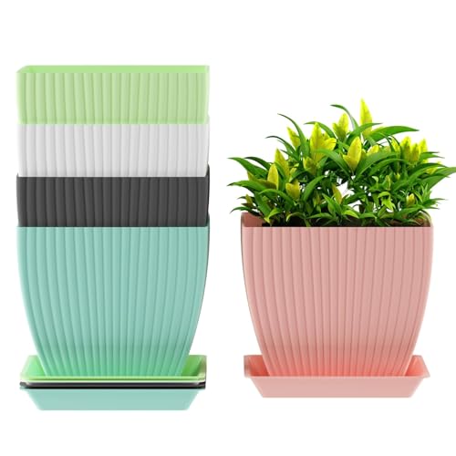 Image of (Pack of 5 6 inch Plant Flower Pots with Drainage Holes and Tray Saucers Outdoor Indoor - Ideal for Indoor Plants, Succulents, and Small Pots for Plants (Square LINE, Multi Colour)