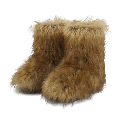 Wnshonzy Fur Boots for Women Furry Fuzzy Brown Y2k Fluffy Platform Flat Mini Boot Snow Winter Round Toe Comfortable Mid-Calf Short Ankle Classic Warm Outdoor 2025