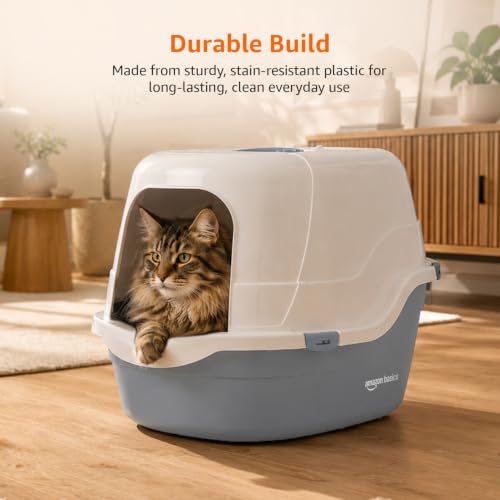 Image of Amazon Basics No-Mess Enclosed Cat Litter Box | Hooded Cat Washroom with Privacy Door | Blue + White | 42 X 49 X 63 cm| Suitable for Kittens & Adult Cats