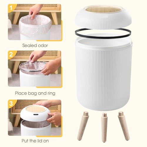 Image of JD FRESH Premium White Dustbin with Press flip Lid Design /Modern Plastic Round Trash Bin with Wooden Finish Legs /Anti Odour Dustbin for Home Decor, Kitchen Office &Hotels (10 Garbage bags, 10 liters)