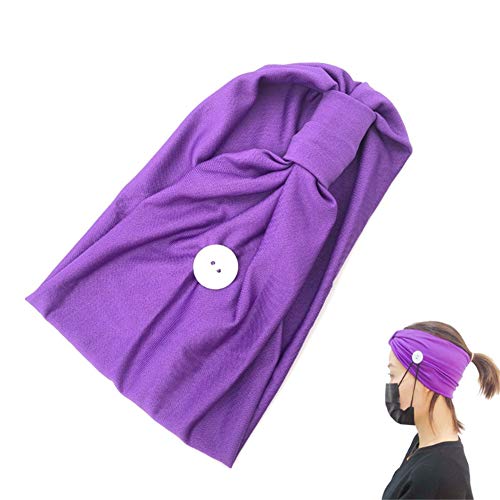 Women's Button headband Headbands for Mask - Wide Headbands with Buttons for Face Mask and Covers for Nurses Head Wrap Hair Band for Spa Workout Purple