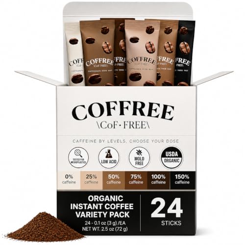 COFFREE Organic Instant Coffee Packets Variety Pack - 0% to 150% Caffeine - Mold Free, Low Acid, Single-Origin Arabica - Individual Single Serve Coffee Sticks - Easy for Travel, Camping - 24 Count