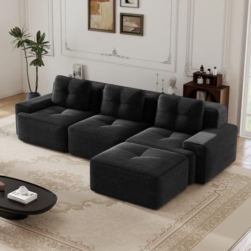 Image of 117 inch L-Shaped 3-Seater Modular Boneless Couch with Ottoman, Soft Corduroy Cloud sectional Sofa, Deep Seat Ergonomic Design, No Assembly Anti-Slip Sofa for Living Room, Black