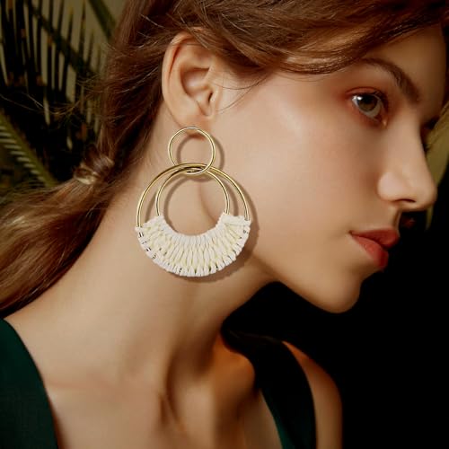 Image of Handmade Raffia Hoop Earrings Statement Tropical Bohemian Straw Dangle Earrings Natural Rattan Vacation Style Round Earrings for Women Summer Beach Party Essential Jewelry