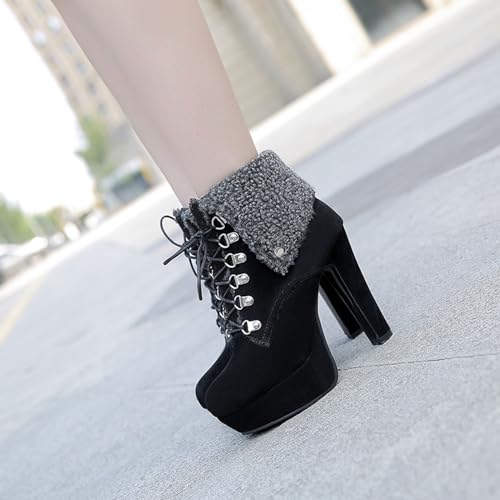 Bellirala Warm Snow Boot for Women Cute Fold Over Fur Ankle Booties Chunky Block High Heels Lace Up Platform Winter Short Boots3