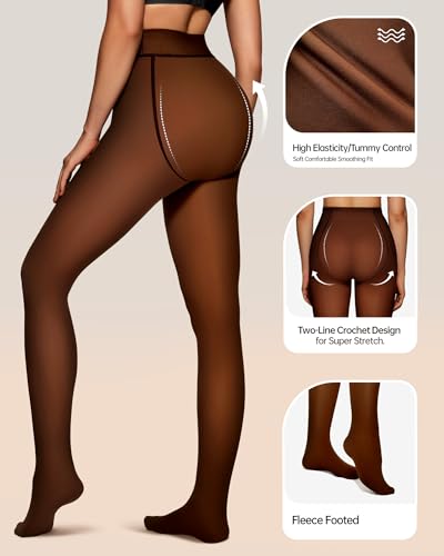 Image of OEAK Womens Fleece Lined Tights Fake Translucent Pantyhose Thermal Opaque High Waisted Winter Legging Footed Sheer Tights