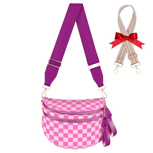 Bum Bags for Women Checkered Crossbody Bag Large Nylon Belt Purse Fanny Packs, Bonus with Small Wallet and an Extra Strap (Rose Checkered)