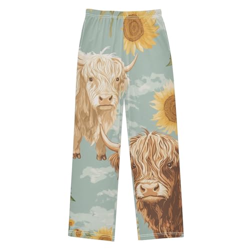 ZZXXB Cow and Sunflowers Boys Long Pants Soft Trousers Elastic Waist Kids Lounge Bottoms with Pockets S-XL